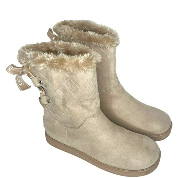 Guess Allyse Sand Logo Bow Suede Faux Fur Mid Calf Winter Boots Size 9M - Picture 1 of 16